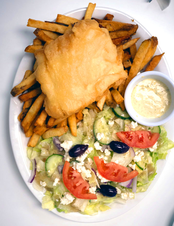  Halibut with Homemade fries, Tarter Sauce, and Greek Dressing